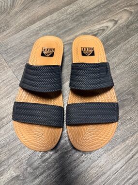 Reef Black and Tan Double-Strap Slide Sandals
